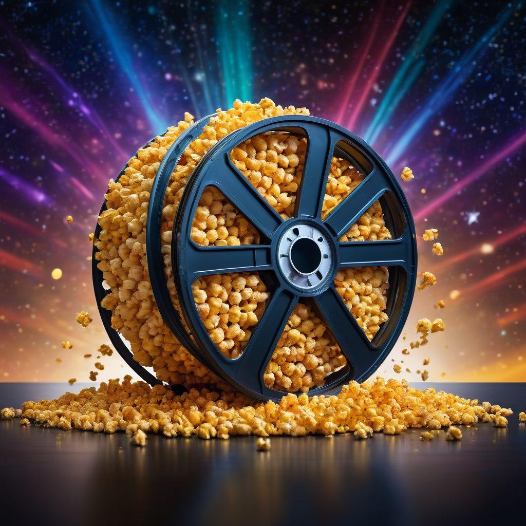A vibrant collage of iconic film elements: a film reel unwinding, golden popcorn spilling out, and silhouettes of famous movie characters in action poses against a starry night sky. Include a modern cinema auditorium in the background with shining screens exhibiting trending movies. Artistic touches like glowing light effects and a dynamic color palette to evoke excitement for the cinematic universe. super-realistic. vibrant colors. white background.