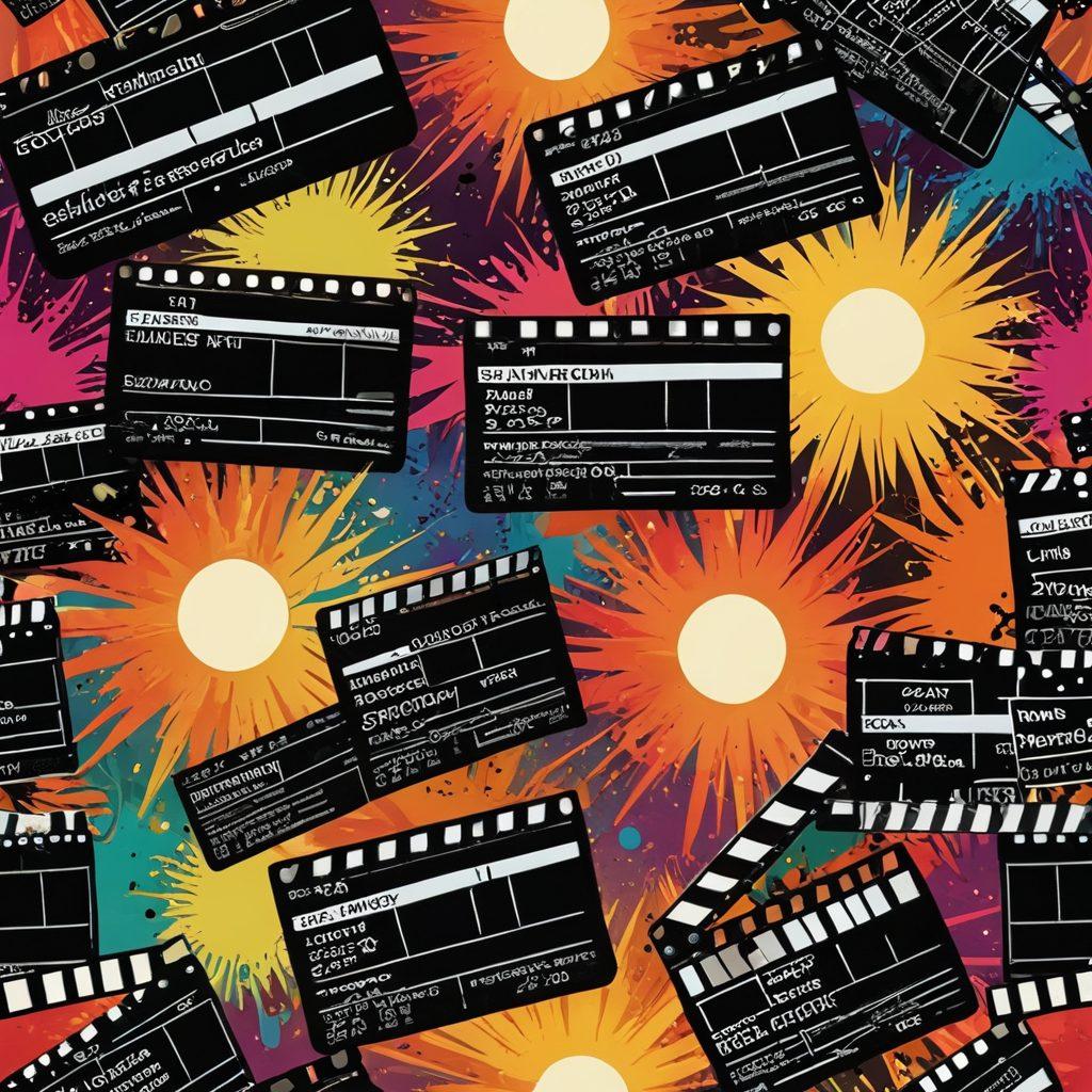 A dynamic collage showcasing a variety of film genres: a dramatic blockbuster scene with explosions, an intimate indie film setting with soft lighting and emotional expressions, and a futuristic sci-fi elements in the background. The film reels and clapperboards intertwine throughout the composition, symbolizing the evolution of cinema. Bright colors and diverse characters to represent different cultures, styles, and emotions in film. vibrant colors. modern graphic design.